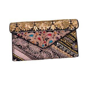 Handmade Envelope Clutch Black Multi Metallic Embroidered w/ Strap OS